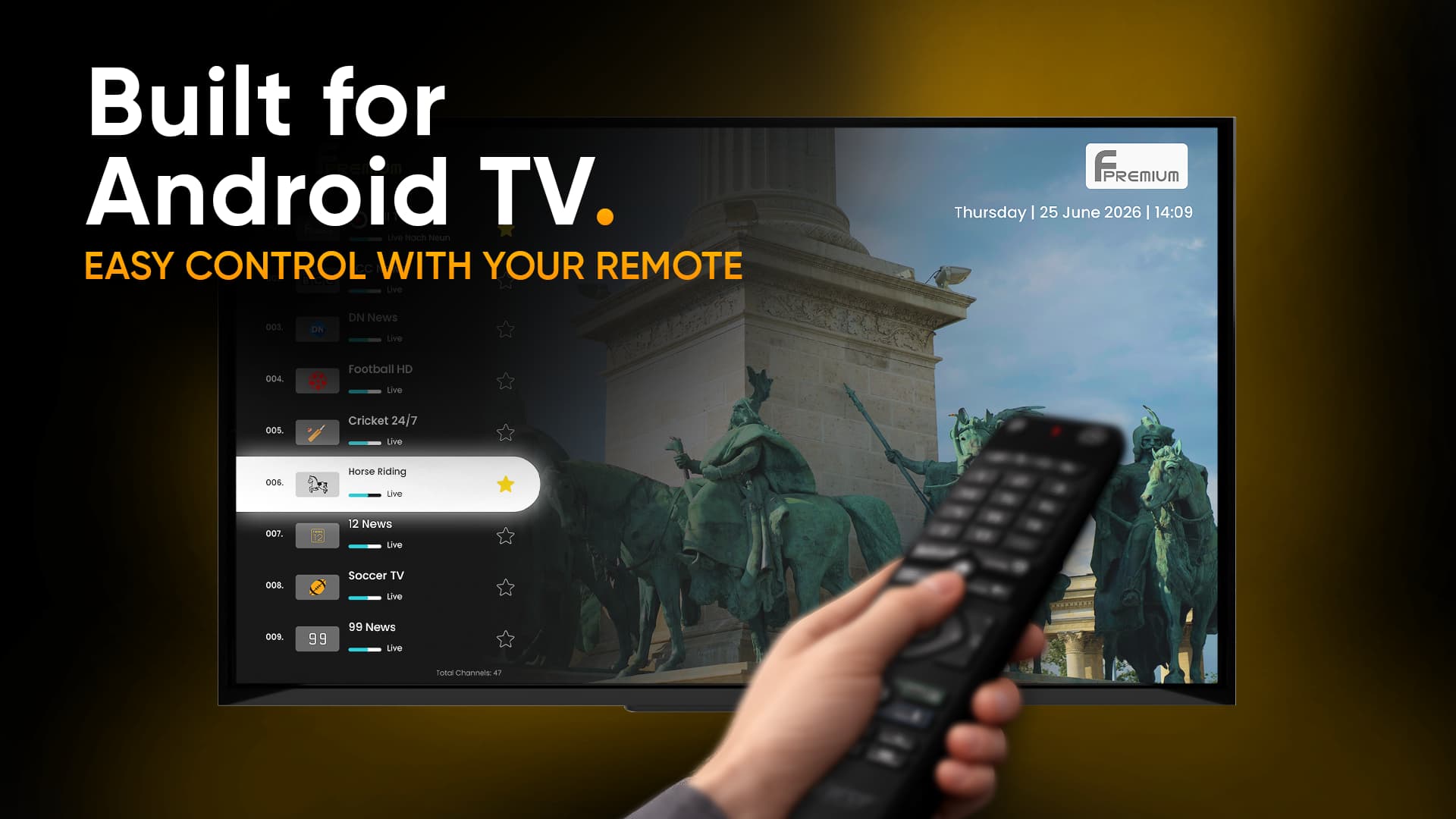 AppForce Pro live TV channel list on Android TV, controlled with a remote