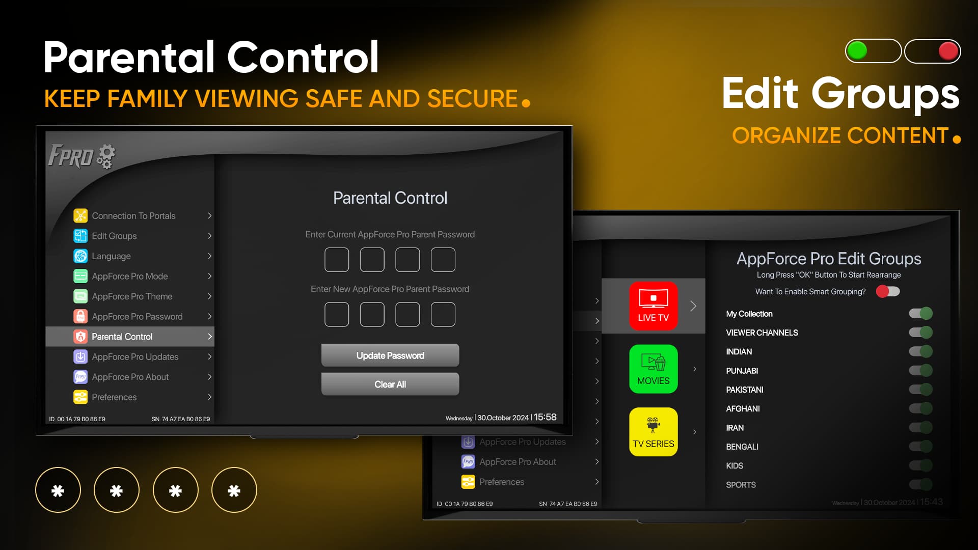 AppForce Pro parental control password screen and Edit Groups screen